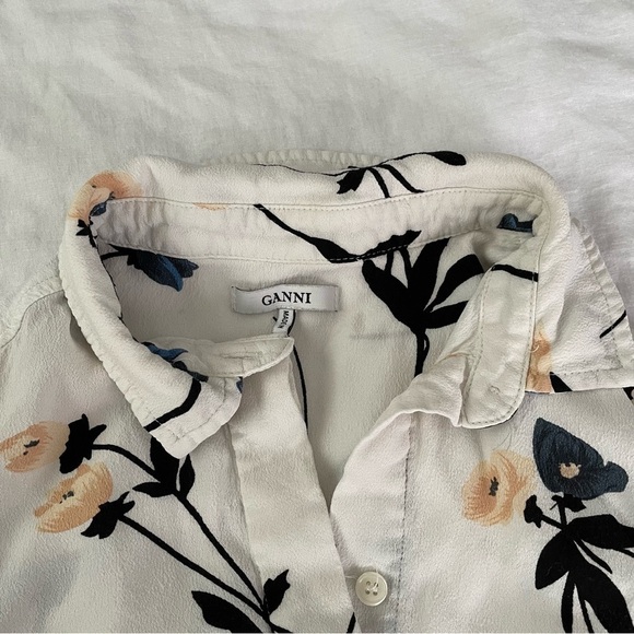 Ganni Sz 36 SMALL Dalton Floral White Crepe Button Down Long Sleeve Blouse FLAWS - Picture 2 of 7